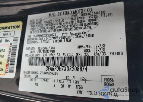 2013 Ford Fusion Se from USA, damaged, VIN 3FA6P0H7XDR208874